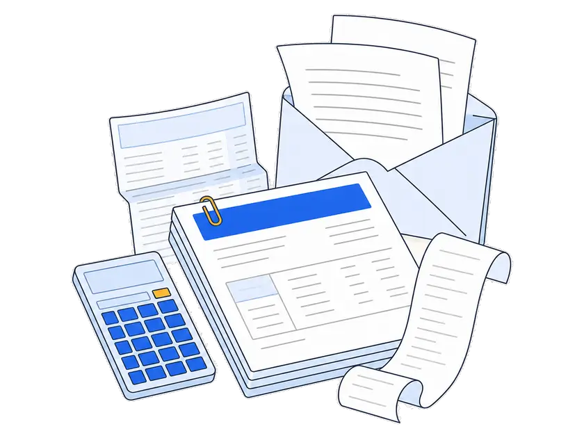 Flat illustration: an invoice, a paper receipt and a calculator, beside an open envelope with PDF pages flying out