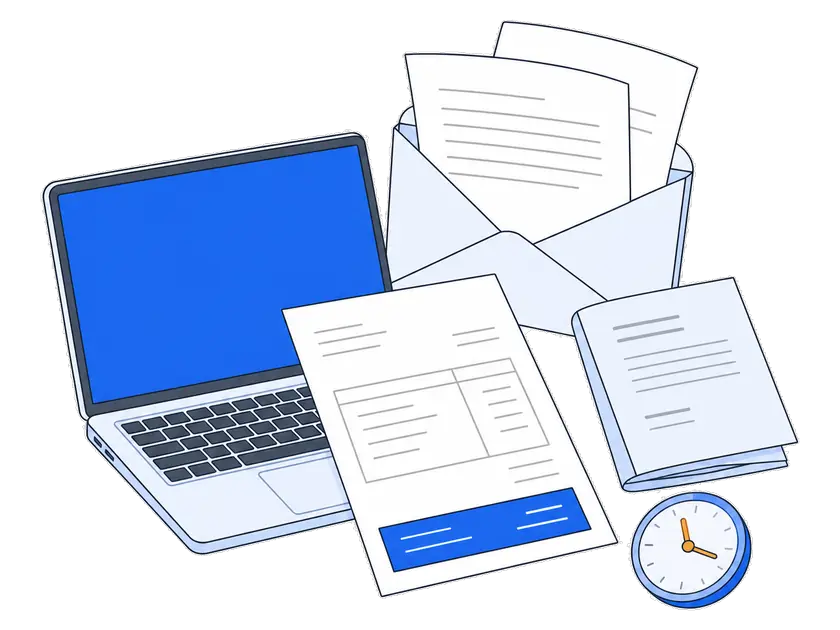 Flat illustration: a laptop, an invoice, a project brief and a clock, beside an open envelope with PDF pages flying out