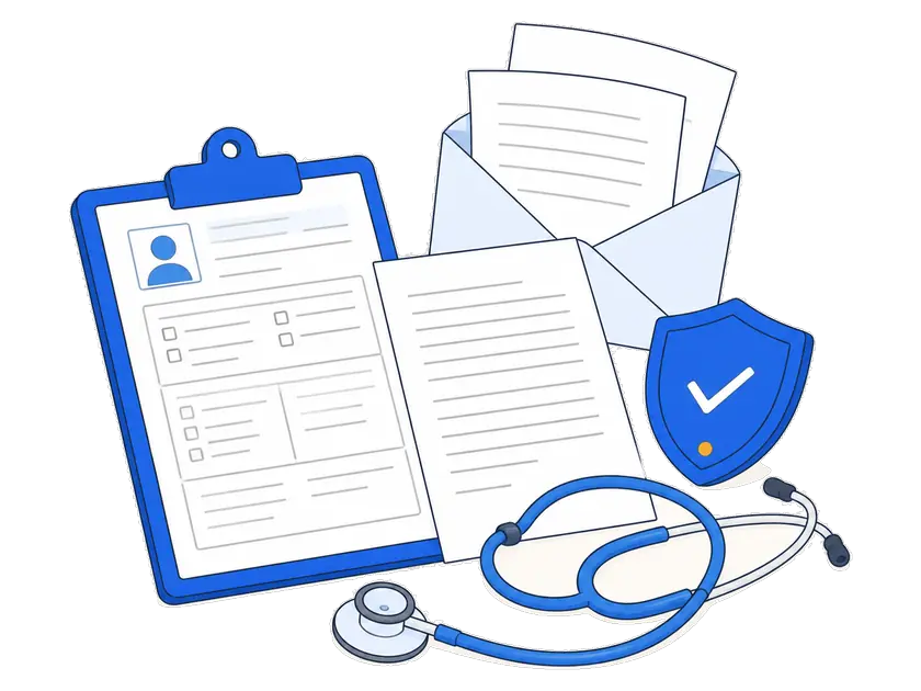 Flat illustration: a patient chart, a stethoscope and a privacy shield, beside an open envelope with PDF pages flying out