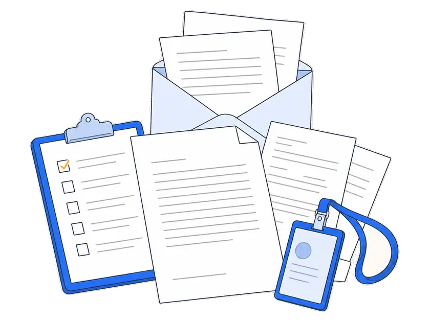 Flat illustration: an offer letter, an onboarding checklist and an employee badge, beside an open envelope with PDF pages flying out