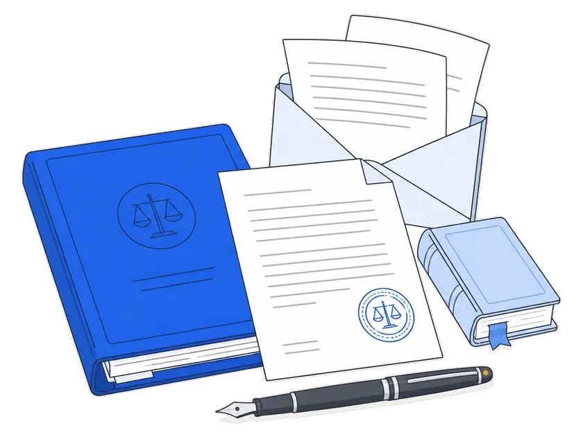 Flat illustration: a law book, a stamped court document and a fountain pen, beside an open envelope with PDF pages flying out