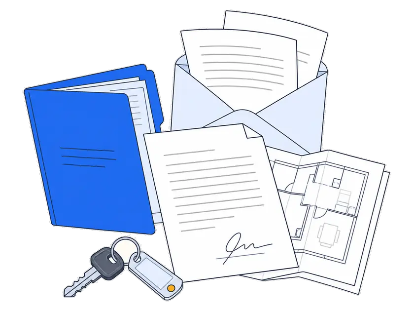 Flat illustration: a signed purchase agreement, a floor plan and house keys, beside an open envelope with PDF pages flying out